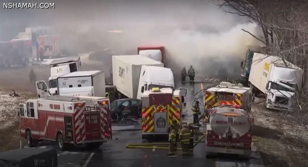 تصادم أكثر من 50 سيارة في حادث هائل وإصابة العشرات “فيديو” تصادم أكثر من 50 سيارة في حادث هائل وإصابة العشرات “فيديو”